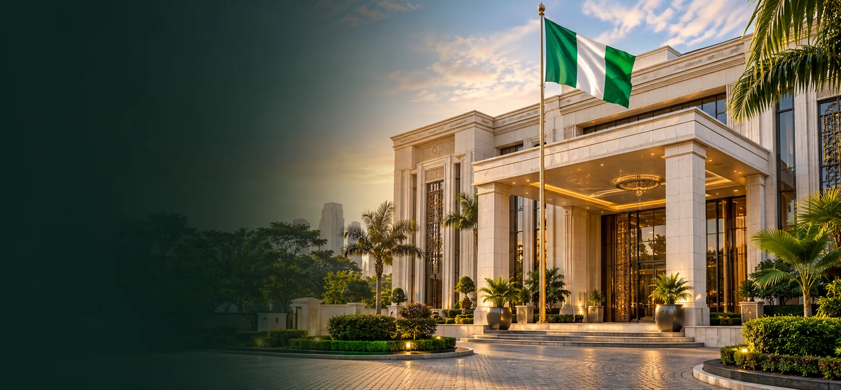 Illustration of a grand diplomatic building displaying the Nigerian flag; not a specific embassy